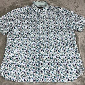 Johnston & Murphy White Short-Sleeve Button-Up with Blue & Teal Sailboat Print